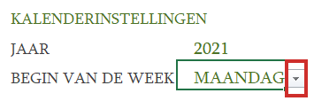 excel kalender begindag aanpassen